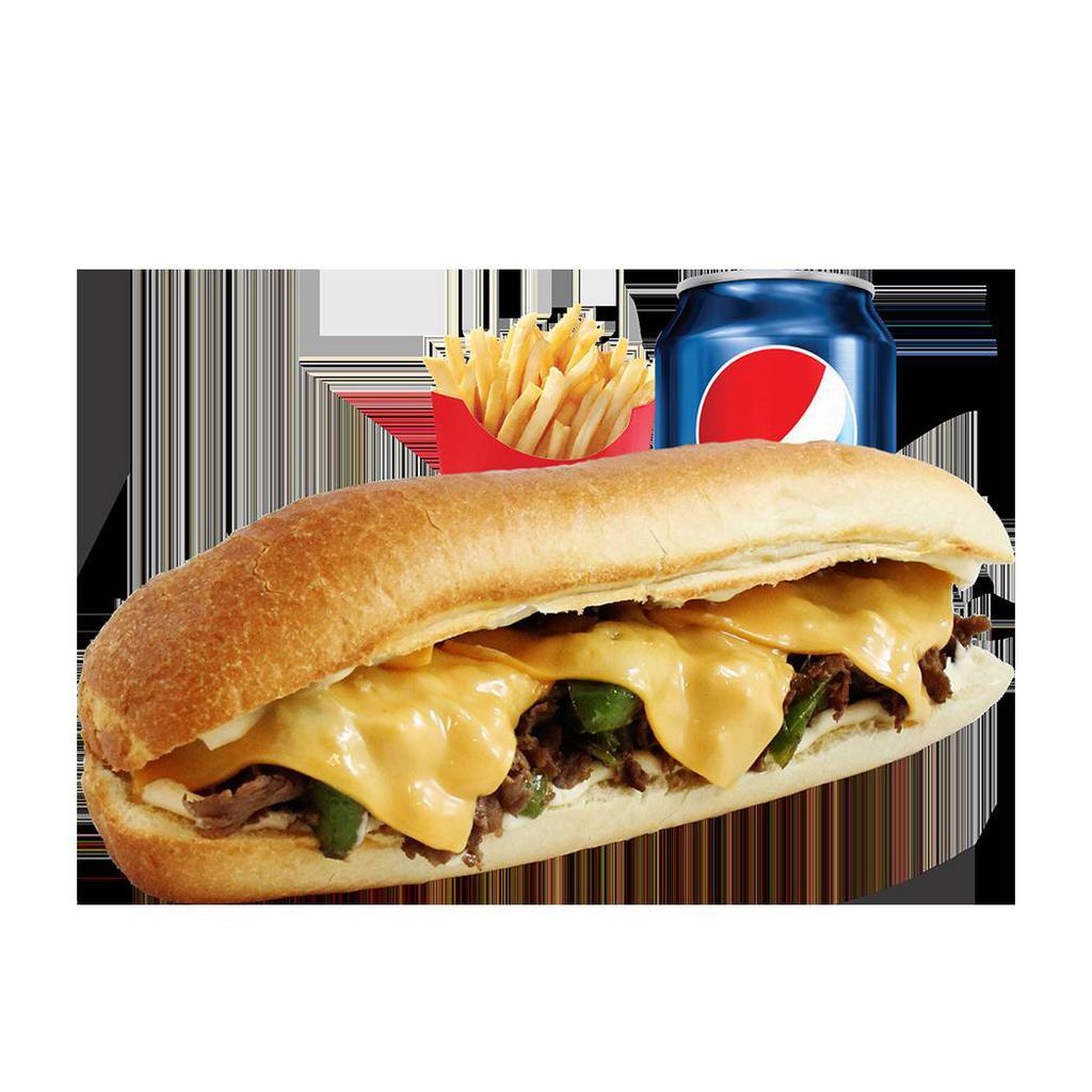 Philly Cheesesteak Combo · Halal steak sandwich comes with mayo, ketchup, onions, green peppers, and American cheese. Served with choice of side and drink. 