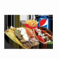 Gyro on Pita Combo  · Comes with lettuce, tomatoes, grilled onions, grilled green peppers, and white sauce. Choice...