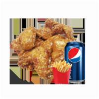 Honey BBQ Wings Combo · All nature whole chicken wings dipped in honey BBQ sauce. Served with a side and a soda.