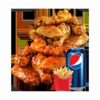 Hot Wings Combo · Spicy chicken wingettes, try em dry or with Buffalo sauce. Served with a side and a soda.
