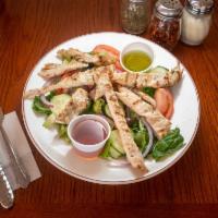 Grilled Chicken Salad · Romaine hearts, red onions, tomatoes, cucumbers, grilled chicken and balsamic vinaigrette.