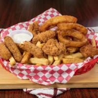 Busta Platter  · 3 large onion rings, 3 cheese sticks, 3 jalapeno poppers, 4 boneless wings on a bed of fries...