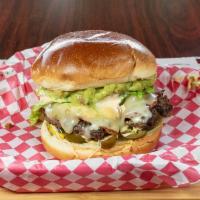 Angry Burger  · Guacamole, jalapenos, spicy mayo, mustard, lettuce, tomato, spicy cheese, bacon.