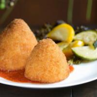 Gluten Free Classico Arancini · Fully cooked. Arborio rice filled with ground beef, peas, marinara and mozzarella, then coat...