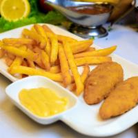 Chicken Fingers and Fries · 2 pieces. Two breaded chicken tenderloins with French fries, served with a side of Honey mus...