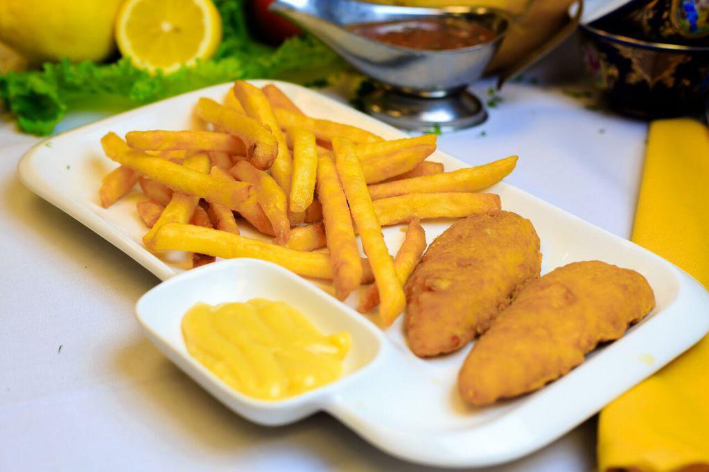 Chicken Fingers and Fries · 2 pieces. Two breaded chicken tenderloins with French fries, served with a side of Honey mustard sauce  