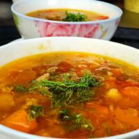 Vegetable soup · Carrots, celery, tomatoes, green beans, corn, peas, onion, and garlic in vegetable broth 