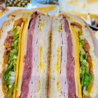 Monte Cristo Sandwich · Turkey ham, turkey, Swiss, cheddar, lettuce, tomato and mustard. Or mayo