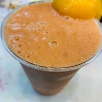For the Heart Smoothie · Cucumber, peach, strawberry and orange juice.