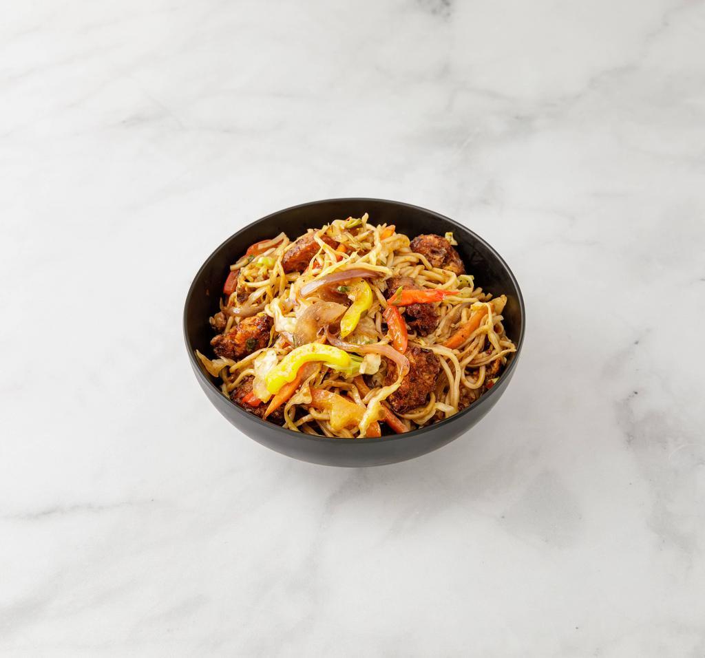Vegetable Noodle with Manchurian · Boiled noodle tossed with vegetables and Chinese seasonings with a manchurian ball.