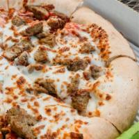 Dave’s Fave with Meat Pizza · Olive oil, garlic and oregano sauce, mozzarella, sliced meatball, and Italian sausage.