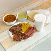#4. Especialito Mix · Beef fajitas, ribs, and sausage with charro beans, rice, tortillas, grilled onions, limes an...
