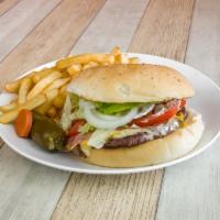 11. Grilled Burger · Meat, cheese, lettuce, tomatoes, avocado, onions mayonesse with french fries.
