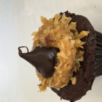 German Chocolate  · Traditional German chcolate cupcake frosted with a caramel coconut and pecan frosting.