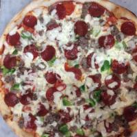 11. House Special Pizza Special · Topped with sausage, pepperoni, peppers, onions and mozzarella.