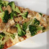 Chicken Broccoli Pizza Slice · Savory pie with a dough base topped with sauce and cheese.