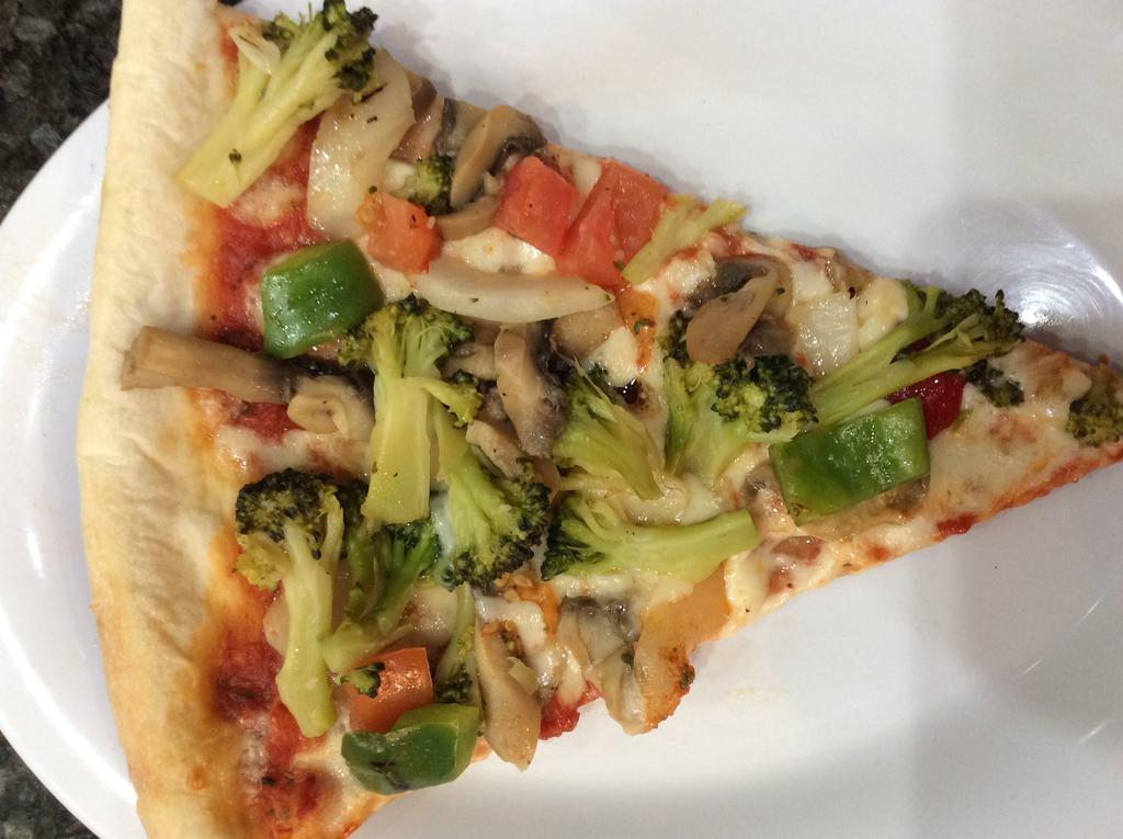 Primavera Pizza Slice · Pizza with fresh vegetables.