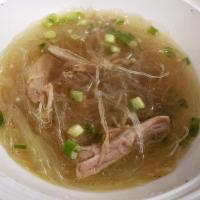 Chicken Sotanghon Soup · Chicken soup with bean thread (Gluten Free) noodles, pepper, and green onion.