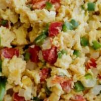 Huevos La Mexicana · Scramble egs with Tomatos, onion, and hot Jalapeños Accompanied with rice, beans ,and one or...