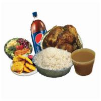 Whole Oven Roasted Chicken (Combo Pollo) · A whole chicken cup up into 8 pieces with Tostones, salad, white rice, red beans and 1Ltr So...
