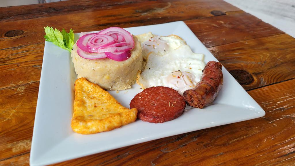 Mangú · Boiled, then mashed plantains.
(pictured with sides, please make sure to add your Sides)