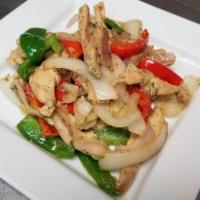 Sauteed Chicken Strips (Pechuga Salteada) · Chicken breast sauteed with onion, red and green peppers. Served with your choice of side. 