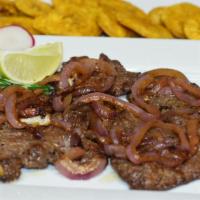 Sirloin steak and Onions (Bistec Sirloin Encebollado) · A fillet of tender sirloin slowly cooked to perfection topped with onions. Served with your ...