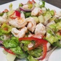 Shrimp Salad (Ensalada de Camarones) · A flavorful and juicy lime cured shrimp mixed greens salad. 