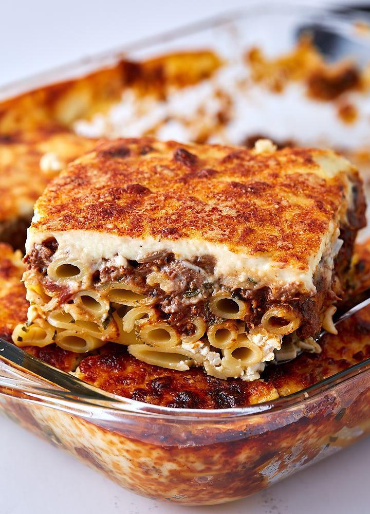 Pastitsio · Baked pasta dish with ground beef and Bechamel sauce. Served with a small Greek salad and choice of Lemon Potatoes, Rice or French Fries