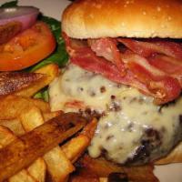 Bacon Swiss Burger · freshly ground 10oz burger, topped with bacon,
sauteed onion, swiss cheese served with fries