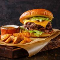 Classic Cheese Burger · Cheddar, American or Swiss cheese with lettuce, tomato, pickles served with fries

