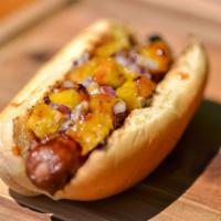 Mexican Dog · Two All Natural Beef Frankfurters, served on a Hawaiian Bun topped with relish, onions, toma...
