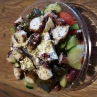 Octopus Salad · Char-Grilled Octopus over Romaine lettuce, tomatoes, onions, cucumbers, Kalamata olives and ...