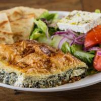 Spanakopita Dinner · Phyllo pastry stuffed with spinach and feta cheese. Served with a small Greek salad and choi...