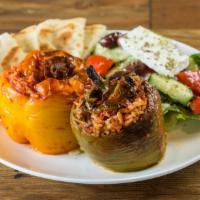 Gemista · Stuffed peppers with rice and herbs. Served with a small Greek salad and choice of Lemon Pot...