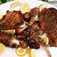 Mediterranean Mixed Grilled for 2 Platter · Berkshire pork chop, black Angus New York strip steak, loukaniko, bifteki, lamb chops and fr...