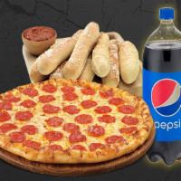 Combo 1 · Pepperoni or cheese pizza with garlic bread and 2 liter soda.