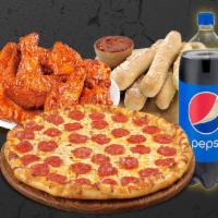Combo 3 · Pepperoni or cheese pizza with chicken wings, garlic bread and 2 liter soda.