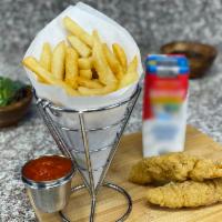 Kids Chicken Tenders W/ Fries · Two Chicken tenders, French fries, choice of drink, and Choice of Dip.