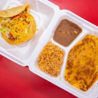 Combination Plate Lunch Special · 1 crispy taco, 1 tostado, 1 cheese enchilada. Served with Mexican rice and refried beans.