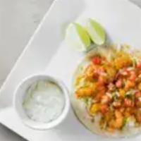 Sabor Shrimp Taco · Marinated shrimp cooked bell pepper, onion, sour cream, rice ＆ cheese in a soft tortilla