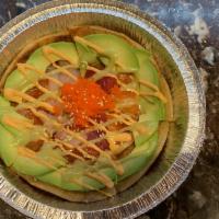 Sushi Pizza · Homemade rice pancake top with avocado, assorted salmon, tuna and whitefish, drizzled with s...