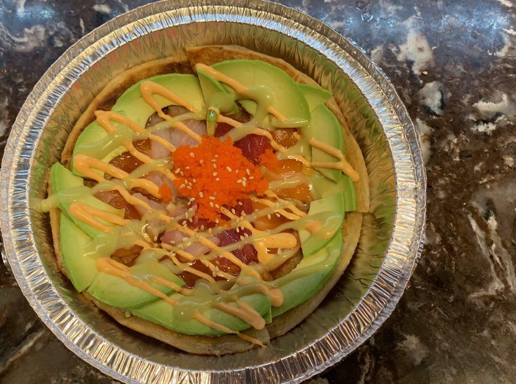 Sushi Pizza · Homemade rice pancake top with avocado, assorted salmon, tuna and whitefish, drizzled with spicy mayo, eel sauce and wasabi mayo.