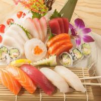 Sushi Sashimi Combo · 5 pieces of sushi, 15 pieces of sashimi and 1 California roll.
