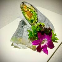 Sushi Burrito · Inside romaine salad, avocado, oshiko, spicy mayo, yuzu sauce. Meal with : tuna, salmon, spi...