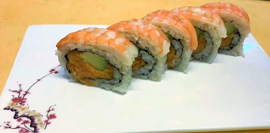 A-Roll · 5 pieces. Spicy salmon, flake, avocado and shrimp on the top.