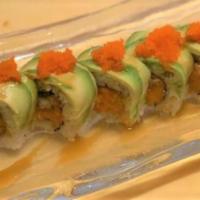 Crazy Dragon Roll · 8 pieces. Spicy salmon, eel inside, and eel sauce, tobiko with avocado on the top.