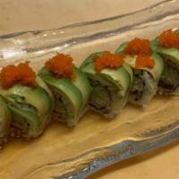 Dragon Roll · 8 pieces. Eel, cucumber inside, sweet sauce, tobiko and avocado on the top.