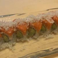 New York Roll · 8 pieces. Kani, cucumber, avocado inside with spicy tuna and tempura flake on the top.