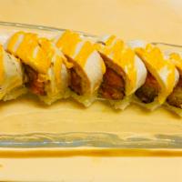 Paradise Roll · 8 pieces. Shrimp tempura, avocado, spicy salmon inside, spicy mayo, seared white tuna and ye...